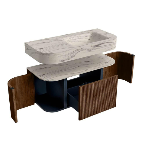 MONDIAZ THOR-DLUX 100cm meuble de salle de bains arrondi gauche + droite couleur Walnut avec 1 tiroir et 2 portes. Vasque suspendue CLOUD droite 1 trou de robinet couleur Nata. SW1467507