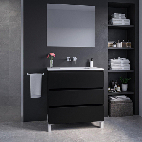 Saniclass Chaci PLUS Meuble de salle de bain - 80x86x46cm - lavabo en céramique blanc - 1 vasque - sans trous de robinet - 3 tiroirs - miroir rectangulaire - noir mat SW1027208