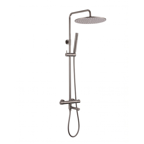 Fortifura Calvi Regendoucheset - thermostatisch - 25cm hoofddouche - gladde slang - staaf handdouche - draaibare baduitloop - Geborsteld Gunmetal PVD SW1592510