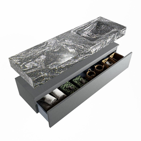 Mondiaz ALAN-DLUX Ensemble de meuble - 150cm - meuble Plata mat - 1 tiroir - Lavabo Cloud Lava suspendu - vasque Droite - 1 trou de robinet SW808556