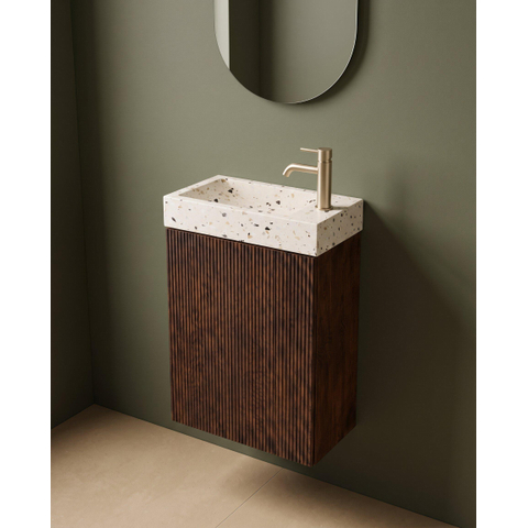 Saniclass Holz Atelier Ensemble meuble WC - 40x60.5cm - 1 porte - lavabo terrazzo - trou de robinet à droite - chêne charcoal SW1577776
