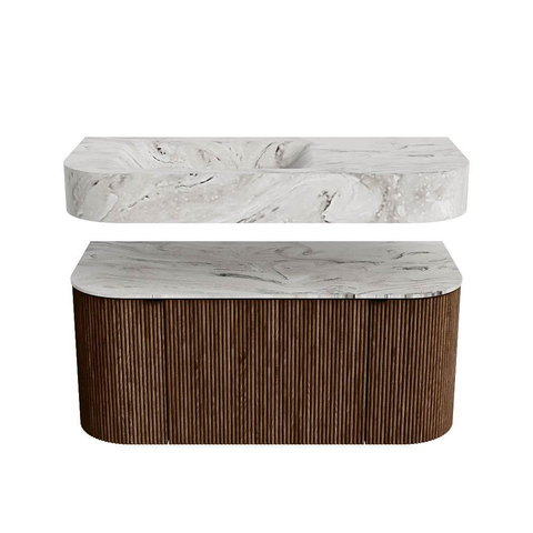 MONDIAZ THOR-DLUX Meuble de salle de bains - 100cm - arrondi gauche + droite - couleur Walnut - 1 tiroir - 2 portes - Vasque suspendue CLOUD Gauche 1 trou de robinet - couleur Glace SW1467370