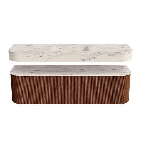 MONDIAZ THOR-DLUX 160cm meuble de salle de bains arrondi gauche + droite couleur Ruby avec 1 tiroir et 2 portes. Vasque suspendue CLOUD Milieu sans trou de robinet couleur Nata. SW1465292