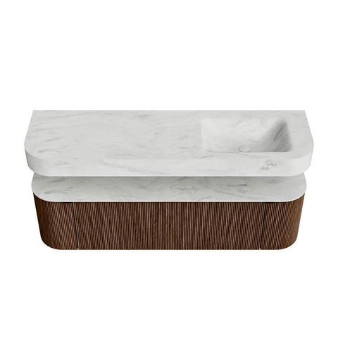 MONDIAZ THOR-DLUX Meuble de salle de bains 160cm arrondi gauche + droite couleur Walnut avec 1 tiroir et 2 portes. Vasque suspendue CLOUD Droite 1 trou de robinet couleur Opalo. SW1465016