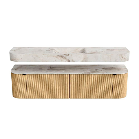 MONDIAZ THOR-DLUX 180cm meuble de salle de bains arrondi gauche + droite couleur Oak avec 2 tiroirs et 2 portes. Vasque suspendue CLOUD Milieu 1 trou de robinet couleur Frappe. SW1465885
