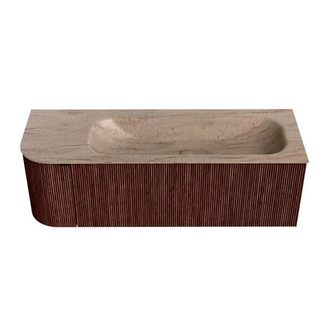 MONDIAZ KURVE-DLUX 135cm badmeubel ronding Links kleur Ruby met 1 lade en 1 deur. Wastafel BIG MEDIUM Rechts 1 kraangat Saba. SW1433481