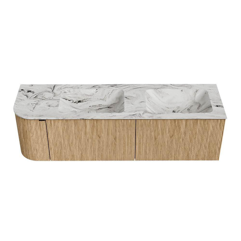 MONDIAZ KURVE-DLUX meuble de salle de bains 155 cm avec module 25 L couleur Oak avec 2 tiroirs et 1 porte. Lavabo LEAF double / droite 2 trous de robinet couleur Glace. SW1137958