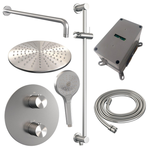 BRAUER Brushed Carving douche de pluie encastrée thermostatique - 3 voies - rond - set 94 - pomme de douche 30cm - bras mural courbé - douchette 3 jets - flexible de douche - barre de douche intégrée - acier inox brossé PVD SW1159210