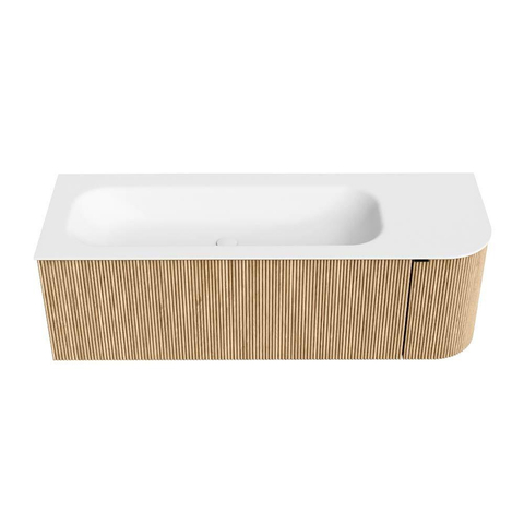 MONDIAZ KURVE 135cm badmeubel met module 25 R kleur Oak met 1 lade en 1 deur. Wastafel BIG MEDIUM links 1 kraangat Talc. SW1138202