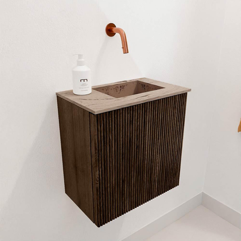 Mondiaz JOYA-DLUX 40cm toiletmeubel - kleur Walnut - Wastafel FAYE positie Rechts Zonder kraangat kleur Arena. SW1424302