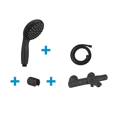 Grohe Precision Start Badset - thermostatische badkraan - houder - handdouche - matte black (mat zwart) SW968345