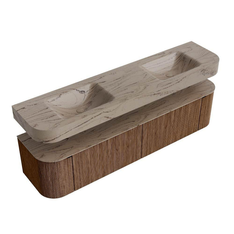 MONDIAZ THOR-DLUX 190cm meuble de salle de bains arrondi gauche + droite couleur Walnut avec 2 tiroirs et 2 portes. Vasque suspendue CLOUD Double 2 trous de robinet couleur Arena. SW1466588