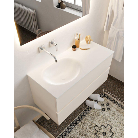 ENSEMBLE DE MEUBLE MONDIAZ VICA - 100cm - 2 tiroirs - lavabo Moon gauche - 0 trous de robinet - solid surface lin SW410940