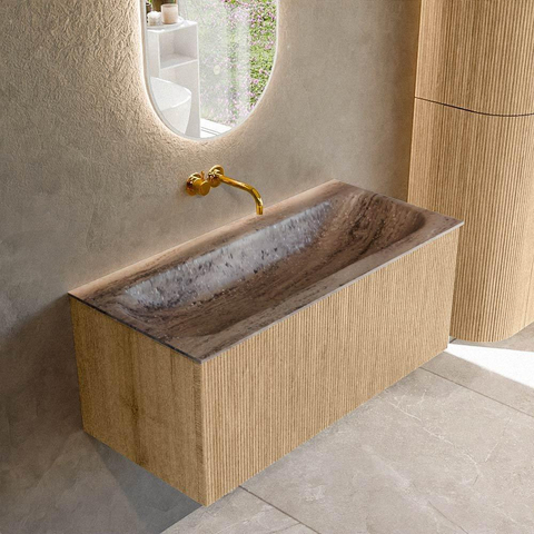 MONDIAZ KURVE-DLUX Meuble de salle de bains 100cm couleur Chêne avec 1 tiroir et 0 porte. Lavabo BIG MEDIUM Central sans trou de robinet Oza. SW1432645
