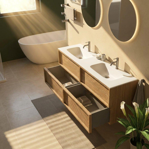 Saniclass Holz Frame Badkamermeubelset - 160x45x61.5cm - Flow solid surface wastafel wit - 2 wasbakken - 2 kraangaten - 4 lades - mat eiken natural (hout) SW1579792