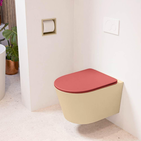 Mondiaz LAVIE hangtoilet – spoelrandloos – 36 x 53 cm – met softclose zitting – Sand (beige), zitting Fire (rood) SW1208783