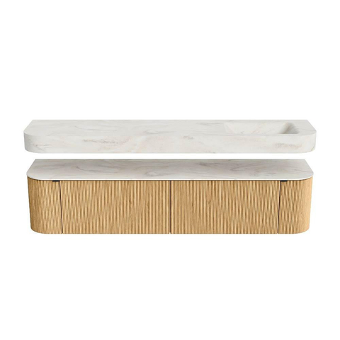 MONDIAZ THOR-DLUX 200cm badmeubel ronding links + rechts kleur Oak met 2 lades en 2 deuren. Vrijhangende wastafel CLOUD Rechts zonder kraangat kleur Ostra. SW1466970
