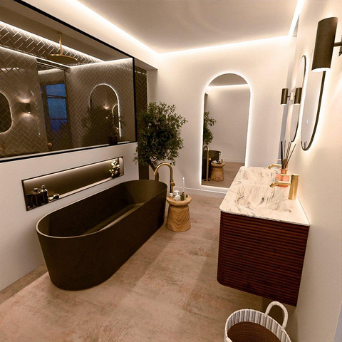 Mondiaz CIRO-DLUX Meuble de salle de bains - 140x45x50cm - Plan vasque solid surface Glace - 2 vasques Double - 2 trous de robinetterie - 4 tiroirs - Ruby SW1531696