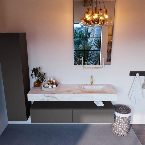 Mondiaz ALAN-DLUX Ensemble de meuble - 150cm - meuble Dark grey mat - 2 tiroirs - Lavabo Cloud Frappe suspendu - vasque Droite - 1 trou de robinet SW805044