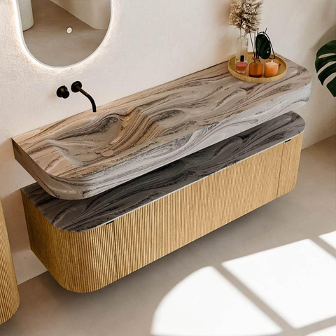 MONDIAZ THOR-DLUX 160cm meuble de salle de bains arrondi gauche + droite couleur Oak avec 1 tiroir et 2 portes. Vasque suspendue CLOUD Gauche sans trou de robinet couleur Sombra. SW1465361