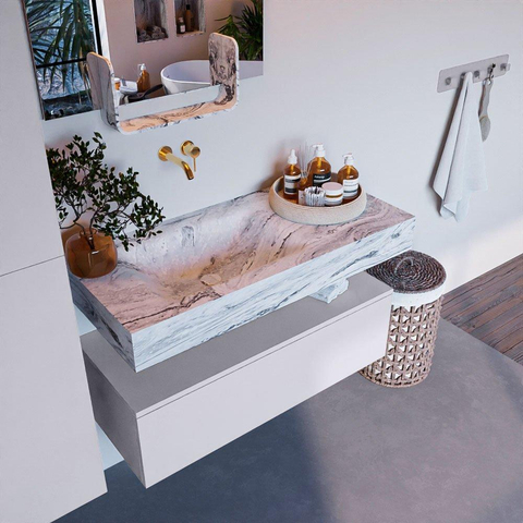 Mondiaz ALAN-DLUX Ensemble de meuble - 100cm - meuble Cale mat - 1 tiroir - Lavabo Cloud Glace suspendu - vasque Gauche - 0 trous de robinet SW806109
