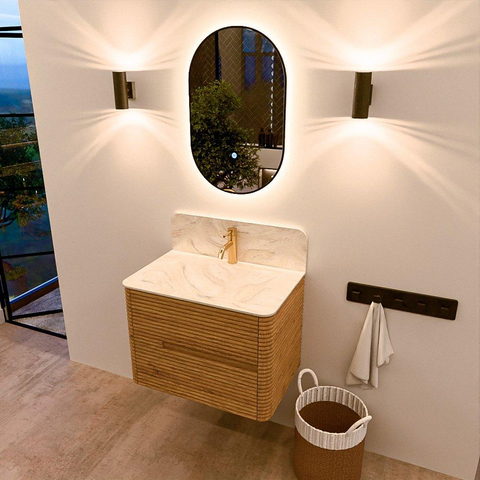 Mondiaz CIRO-DLUX Ensemble de meubles de salle de bains - 70x45x50cm - Plan vasque solid surface Ostra - 1 vasque centrale - 1 trou de robinetterie - 2 tiroirs - Chêne SW1531044