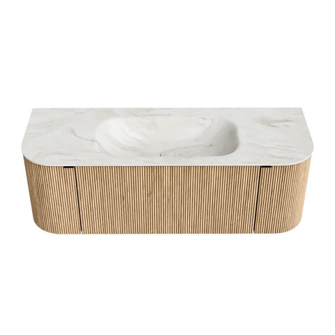 MONDIAZ KURVE-DLUX meuble de salle de bains 130 cm avec module 25 Len R couleur Oak avec 1 tiroir et 2 portes. Lavabo BIG SMALL central sans trou de robinet couleur Ostra. SW1137765