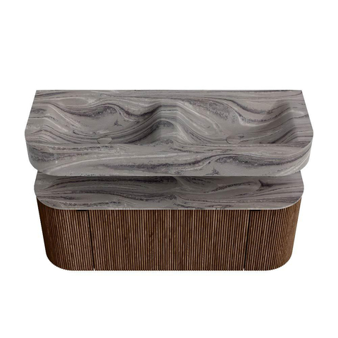 MONDIAZ THOR-DLUX 120cm badmeubel ronding links + rechts kleur Walnut met 1 lade en 2 deuren. Vrijhangende wastafel CLOUD Dubbel zonder kraangat kleur Sombra. SW1463648