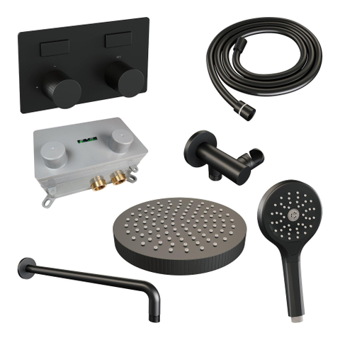BRAUER Stripe Douche de tête thermostatique encastrée - boutons-poussoirs - SET 29 - pomme de douche 25cm - bras mural courbé - douchette 3 positions - flexible de douche - coude mural - noir mat SW1435161