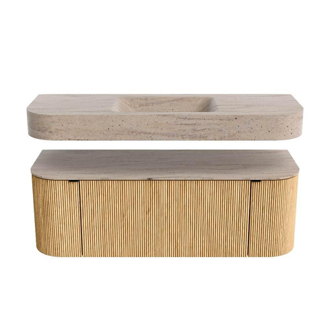MONDIAZ THOR-DLUX Meuble de salle de bains 130cm arrondi gauche + droite couleur Oak avec 1 tiroir et 2 portes. Vasque suspendue CLOUD Milieu 1 trou de robinet couleur Saba. SW1464011