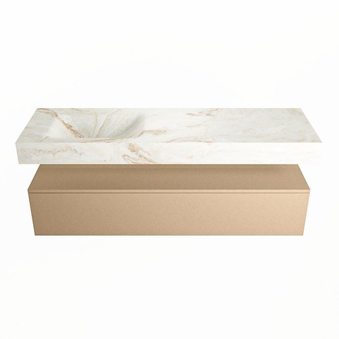 Mondiaz ALAN-DLUX Ensemble de meuble - 150cm - meuble Oro mat - 1 tiroir - Lavabo Cloud Frappe suspendu - vasque Gauche - 0 trous de robinet SW805828
