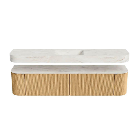 MONDIAZ THOR-DLUX 200cm badmeubel ronding links + rechts kleur Oak met 2 lades en 2 deuren. Vrijhangende wastafel CLOUD Midden zonder kraangat kleur Ostra. SW1466968