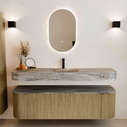 MONDIAZ THOR-DLUX 160cm meuble de salle de bains arrondi gauche + droite couleur Dusk avec 1 tiroir et 2 portes. Vasque suspendue CLOUD Milieu 1 trou de robinet couleur Oza. SW1465306