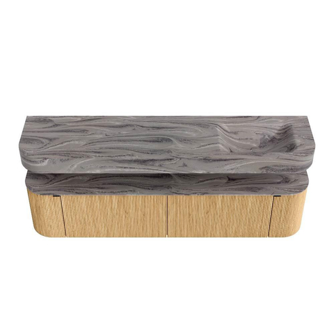 MONDIAZ THOR-DLUX 190cm meuble de salle de bains arrondi gauche + droite couleur Oak avec 2 tiroirs et 2 portes. Vasque suspendue CLOUD droite sans trou de robinet couleur Sombra. SW1466697