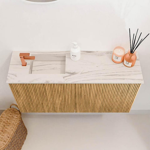 Mondiaz JOYA-DLUX 80cm toiletmeubel - kleur Oak - Wastafel FAYE positie Links 1 kraangat kleur Nata. SW1424018