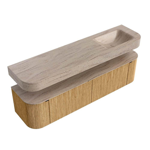 MONDIAZ THOR-DLUX 180cm badmeubel ronding links + rechts kleur Oak met 2 lades en 2 deuren. Vrijhangende wastafel CLOUD Rechts zonder kraangat kleur Saba. SW1466307