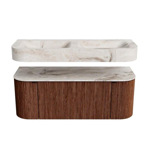 MONDIAZ THOR-DLUX 120cm meuble de salle de bains arrondi gauche + droite couleur Ruby avec 1 tiroir et 2 portes. Vasque suspendue CLOUD Double sans trou de robinet couleur Frappe. SW1463327