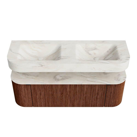 MONDIAZ THOR-DLUX 140cm meuble de salle de bains arrondi gauche + droite couleur Ruby avec 1 tiroir et 2 portes. Vasque suspendue CLOUD Double sans trou de robinet couleur Ostra. SW1464148