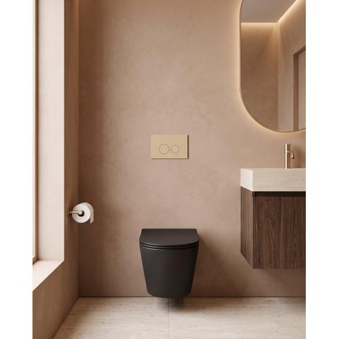 QeramiQ Dely Pack WC - 36.3x51.7cm - à fond creux - sans bride - réservoir encastré Geberit UP320 - abattant WC à fermeture douce - plaque de déclenchement beige - boutons ronds - noir mat SW1164819