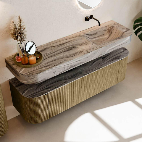 MONDIAZ THOR-DLUX 160cm meuble de salle de bains arrondi gauche + droite couleur Dusk avec 1 tiroir et 2 portes. Vasque suspendue CLOUD Droite sans trou de robinet couleur Sombra. SW1465390