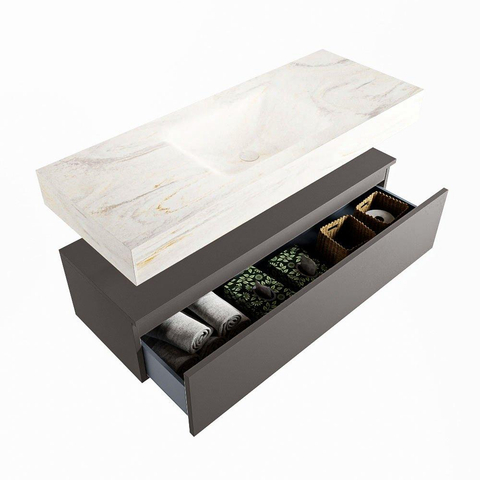 Mondiaz ALAN-DLUX Ensemble de meuble - 120cm - meuble Dark grey mat - 1 tiroir - Lavabo Cloud Ostra suspendu - vasque Centre - 1 trou de robinet SW807222