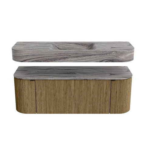 MONDIAZ THOR-DLUX 130cm meuble de salle de bains arrondi gauche + droite couleur Dusk avec 1 tiroir et 2 portes. Vasque suspendue CLOUD Milieu 1 trou de robinet couleur Sombra. SW1464085