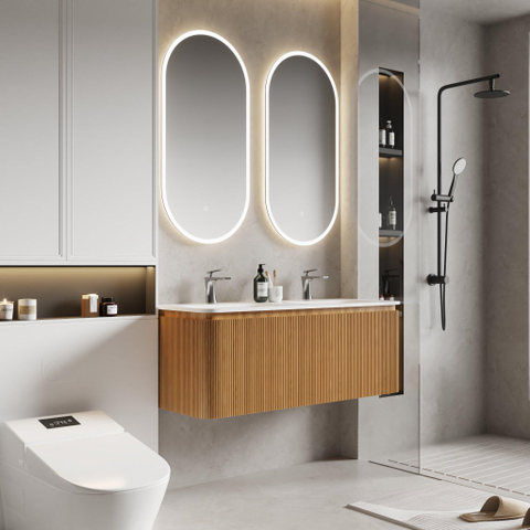 Royal Plaza Terra Edge Ensemble meuble de salle de bains - 120x44.7x46cm - vasque en solid surface blanc mat - 2 vasques - 2 trous de robinet - 2 tiroirs - sandwood (chêne clair) SW1471916