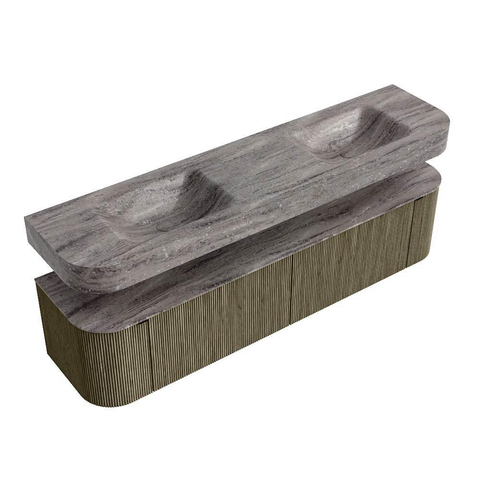 MONDIAZ THOR-DLUX 190cm meuble de salle de bains arrondi gauche + droite couleur Shadow avec 2 tiroirs et 2 portes. Vasque suspendue CLOUD Double sans trou de robinet couleur Oza. SW1466651