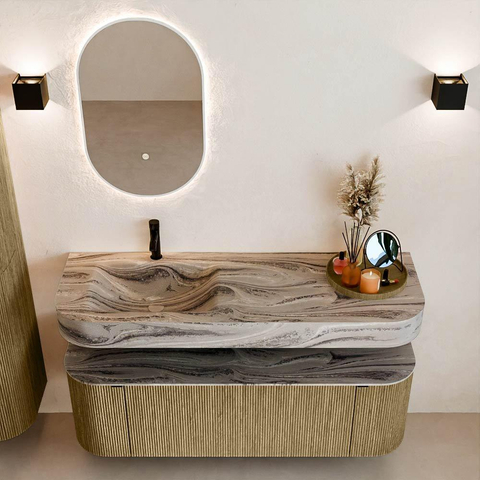 MONDIAZ THOR-DLUX 140cm meuble de salle de bains arrondi gauche + droite couleur Dusk avec 1 tiroir et 2 portes. Vasque suspendue CLOUD Gauche 1 trou de robinet couleur Sombra. SW1464235