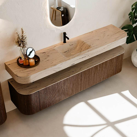MONDIAZ THOR-DLUX 200cm meuble de salle de bains arrondi gauche + droite couleur Walnut avec 2 tiroirs et 2 portes. Vasque suspendue CLOUD Milieu 1 trou de robinet couleur Arena. SW1467072