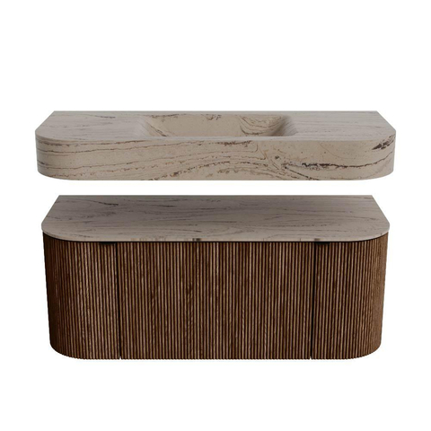 MONDIAZ THOR-DLUX 110cm badmeubel ronding links + rechts kleur Walnut met 1 lade en 2 deuren. Vrijhangende wastafel CLOUD Midden zonder kraangat kleur Arena. SW1462713