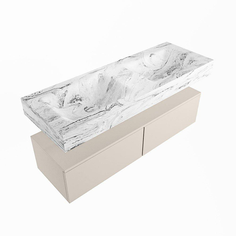 Mondiaz ALAN-DLUX Ensemble de meuble - 130cm - meuble Linen mat - 2 tiroirs - Lavabo Cloud Glace suspendu - vasque Gauche et droite - 2 trous de robinet SW805936