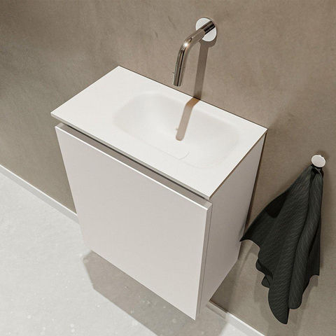MONDIAZ TURE Fonteinset - 40x23x50cm - 0 kraangaten - 1 deur - linen mat - Wasbak rechts - Solid Surface Wit SW475068