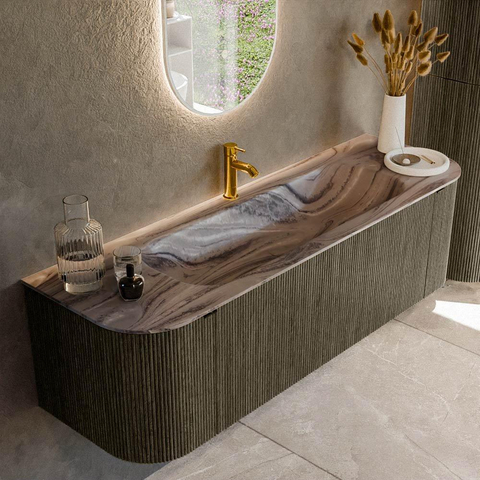 MONDIAZ KURVE-DLUX Meuble de salle de bains 150 cm arrondi Gauche + Droite couleur Shadow avec 1 tiroir et 2 portes. Plan-vasque BIG MEDIUM Central 1 trou de robinet Sombra. SW1433767